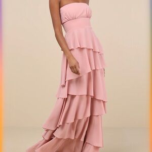 Lulus Pink Strapless Tiered Ruffle Full Length Dress L